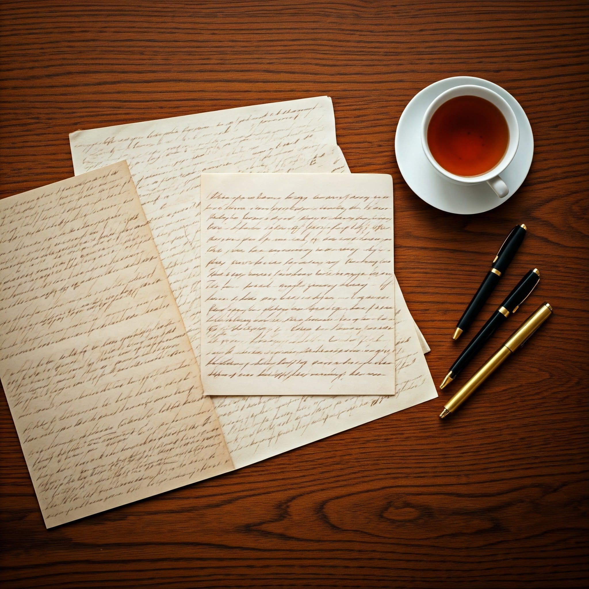 a cup of tea and handwritten letters on a wooden desk